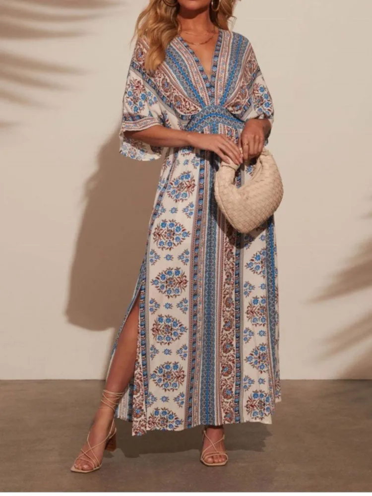

Fashion Printed Long Short-sleeved V-neck Split Dress Women's Elegant Style Personality Mid-waist Comfortable Casual Dresses