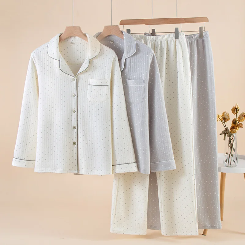 

Зимний теплый стеганый пижамный комплект, женская одежда для сна с термоподкладкой из воздушного хлопка, плотная одежда для дома, костюм с длинными рукавами на подкладке из 100% хлопка