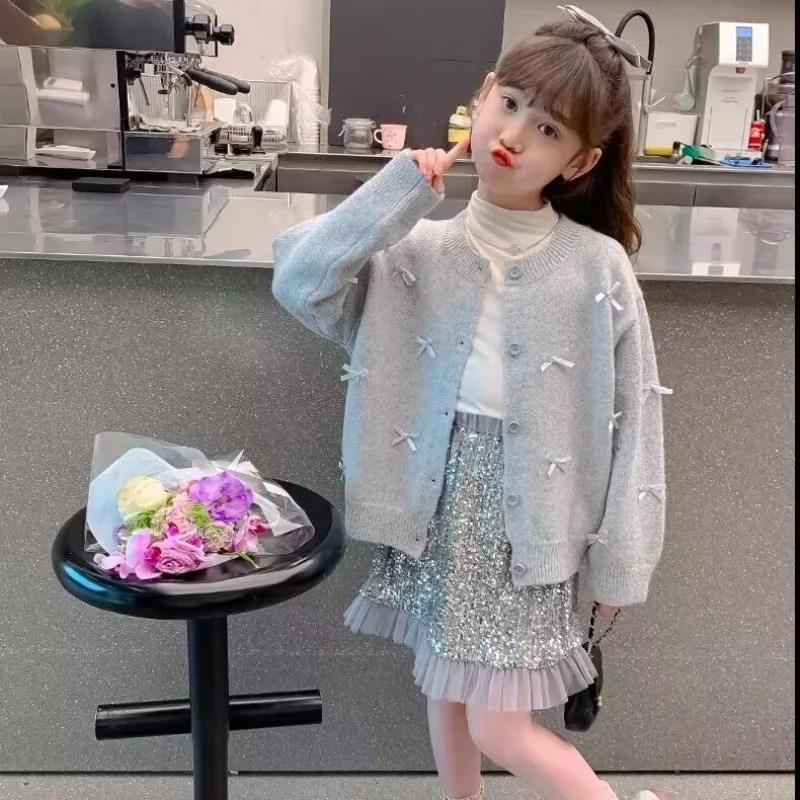 Knit Cardigan for Kids Girls 2026 New Open-Front Cotton Blend Sweater Coat Multi-Season Stylish Toddler Outerwear Retro Print