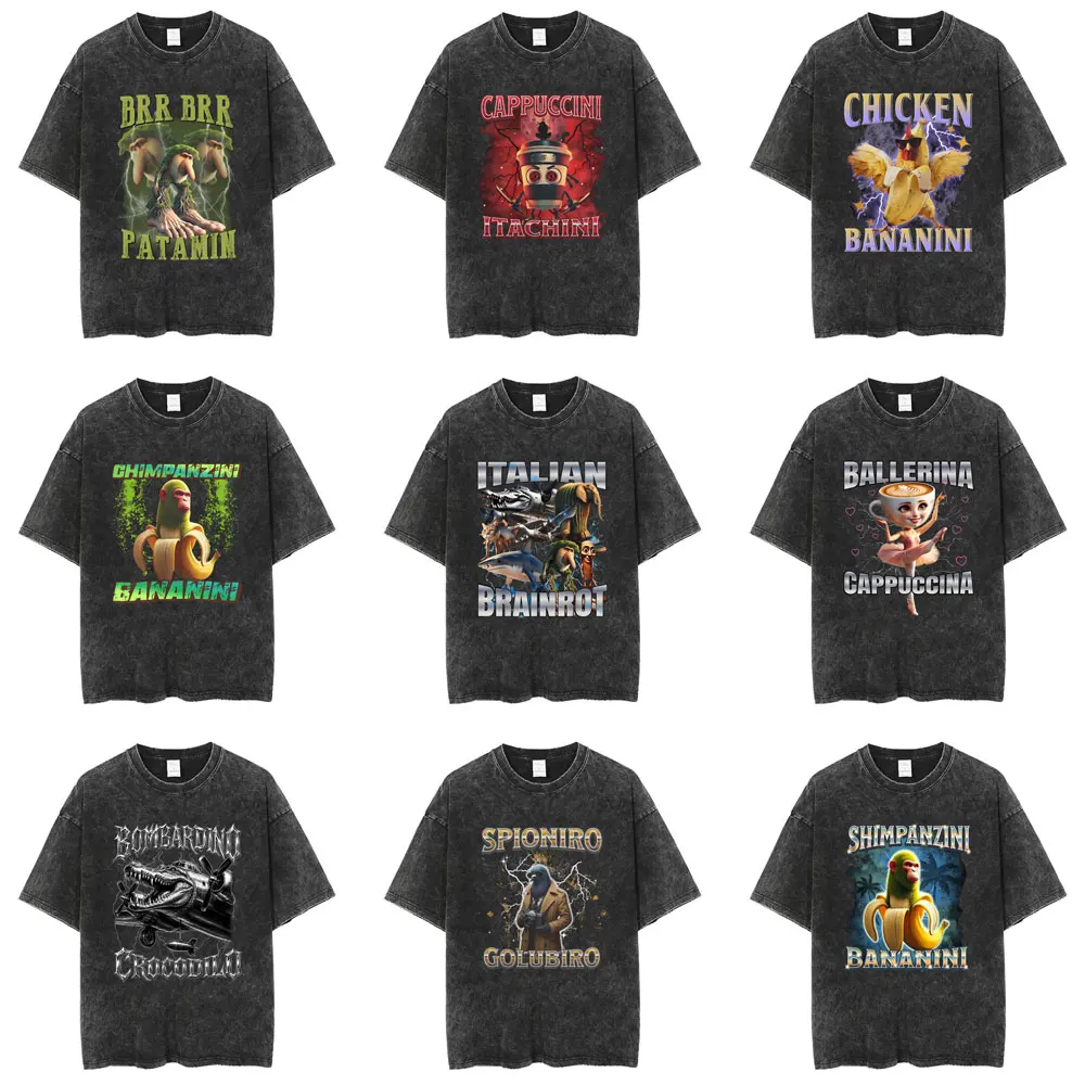 

Italian Brainrot Funny Bombardiro Crocodilo Tralalero Tralala Tung Tung Tung Sahur Chimpanzini Bananini Vintage Washed T-shirts