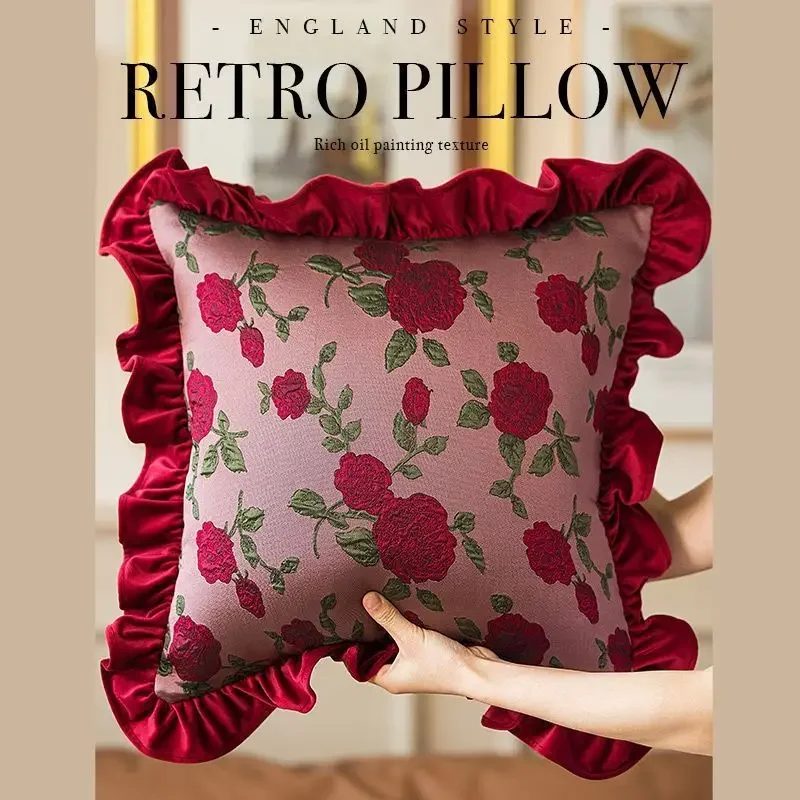 Misty Forest Flower Pillow Palace Style Lotus Leaf Edge Wine Red Office Car Waist Cushion Sofa Living Room Bedroom Decoration