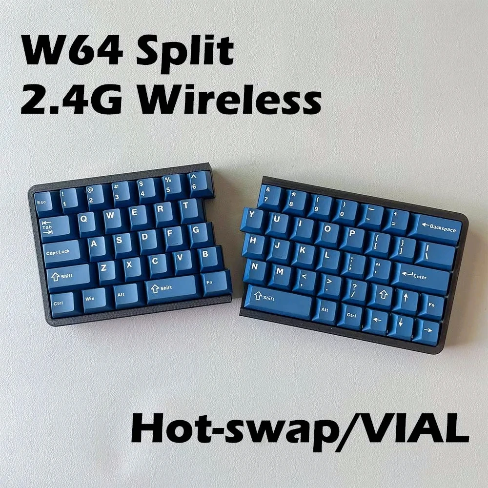For W64 Split Ergonomics Mechanical Keyboard 2.4G Wireless Hot-swap Vial Key-mapping Supported Silent Axis Split Keyboard Custom
