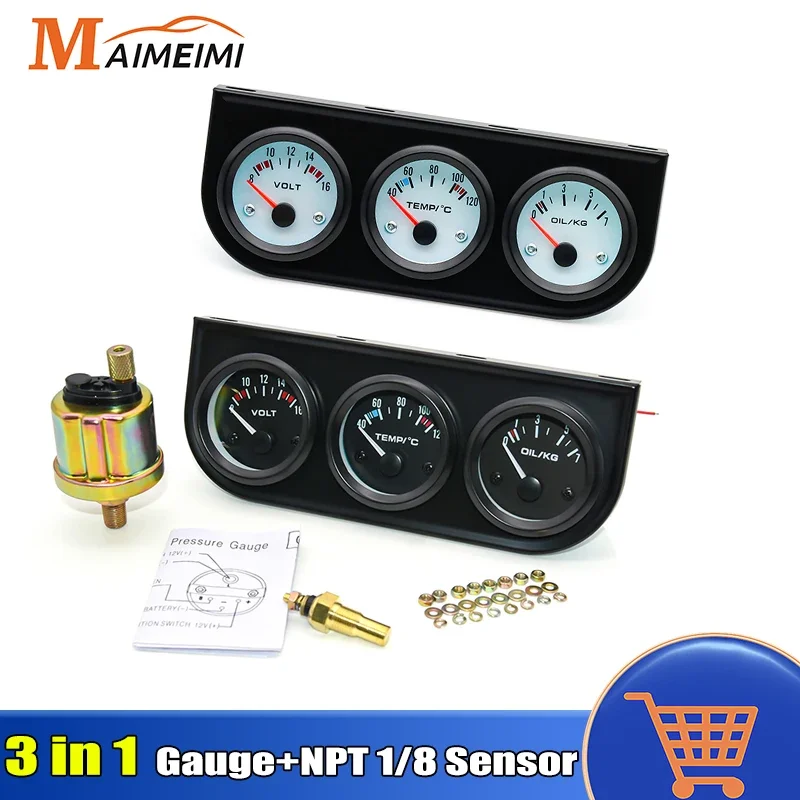 Kit medidor para carro com sensor triplo, 3 em 1, voltímetro, temperatura da água, pressão do óleo, NPT, 8-16V, 100-250 °F, 0-7 kg, 52mm, NPT, 0-7 kg