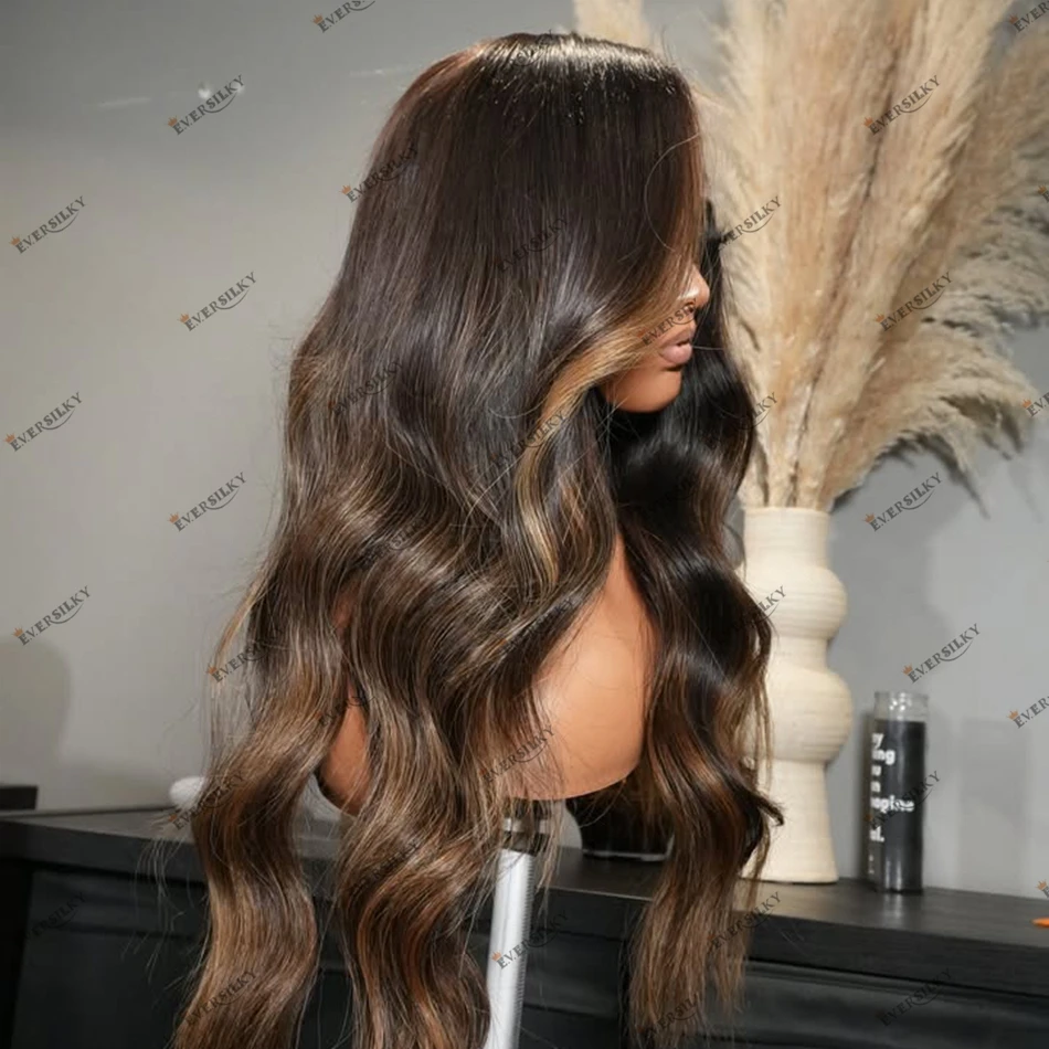 Highlight Braun Volle Spitze Echthaar Schwarze Frauen Perücken 180 Dichte Remy Peruanisches Haar 5x5 HD Spitze Perücken Seitenteil Blonde Wellenförmige Perücke