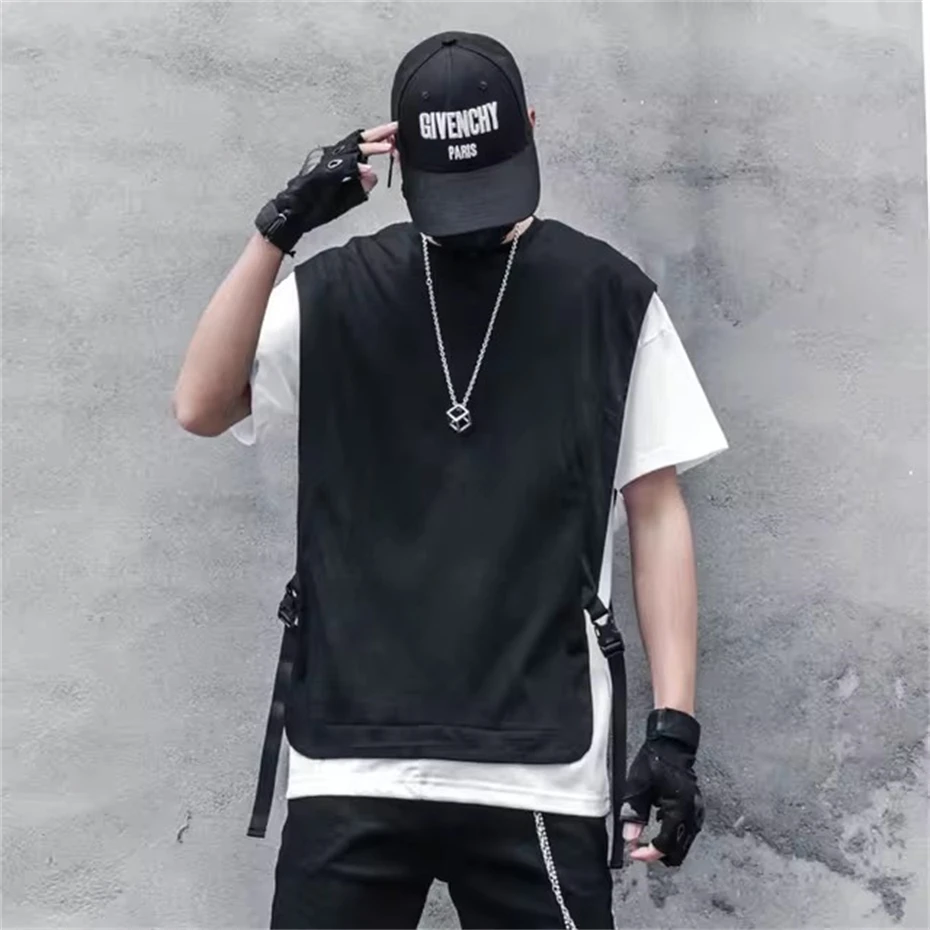 Hip Hop Casual T-Shirt Men 2025 Summer Fake Two Pieces Ribbon Design Streetwear Cotton Tops Tees Techwear Vintage Black Tshirts