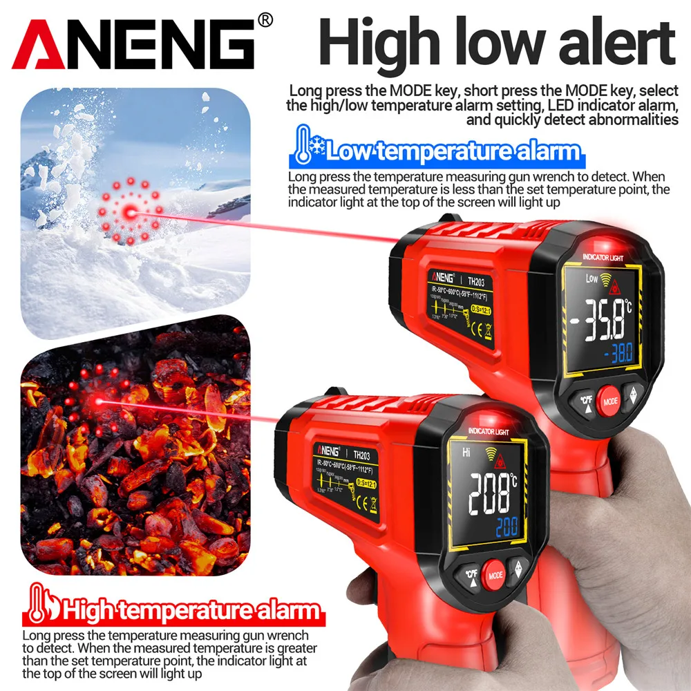 ANENG TH203 ميزان الحرارة الصناعي الذكي بالأشعة تحت الحمراء -50 ~ 600 ℃   مسدس درجة الحرارة VA عكس شاشة ملونة تستر متر البيرومتر تستر