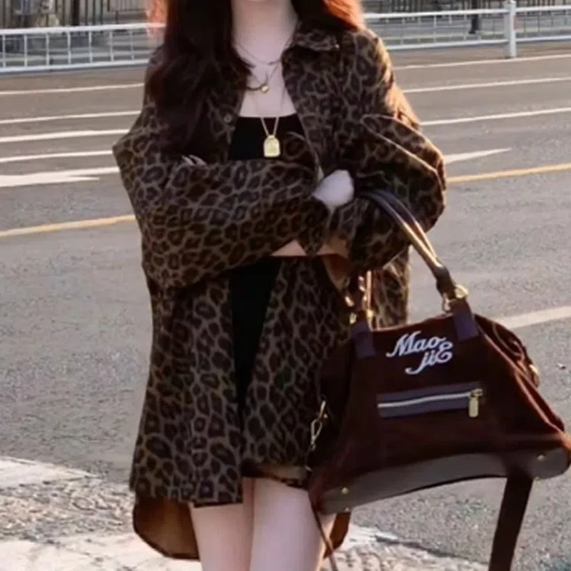 Vintage Leopard Print Shirt Tops Spring Autumn New Long Sleeve Polo Neck Loose Street Casual Blouse Trend Fashion Women Clothing