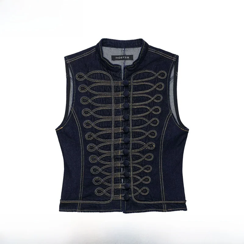 Fashionable Rope Knot Embellished Denim Vest New Spring Summer Women's Wear H-Shape Top Zipper Closure Polyester Fiber