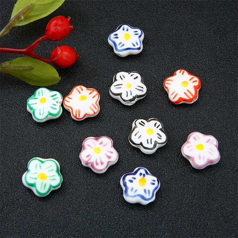 2 Stück handbemalte bunte Kirschblüten-Keramikperlen mit geradem Loch für DIY-Armbänder, Halsketten, Perlenketten-Zubehör – Detail 5