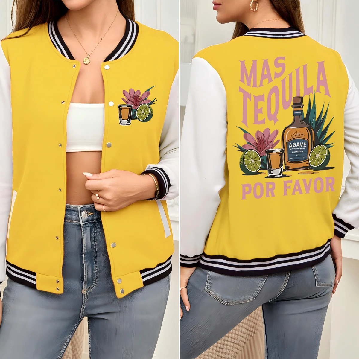

Agave Lemon Drink Printing Women Baseball Uniform Autumn Cotton Jacket Colorful All-Match Streetwear Loose Female Clothes