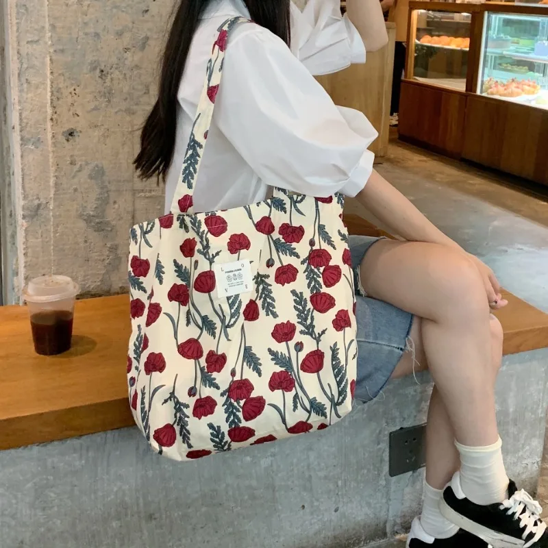 Bolso de lona de gran capacidad para mujer y niña, bolsa de mano de flores, bolso de compras, bolso de un solo hombro, bolsa de libros