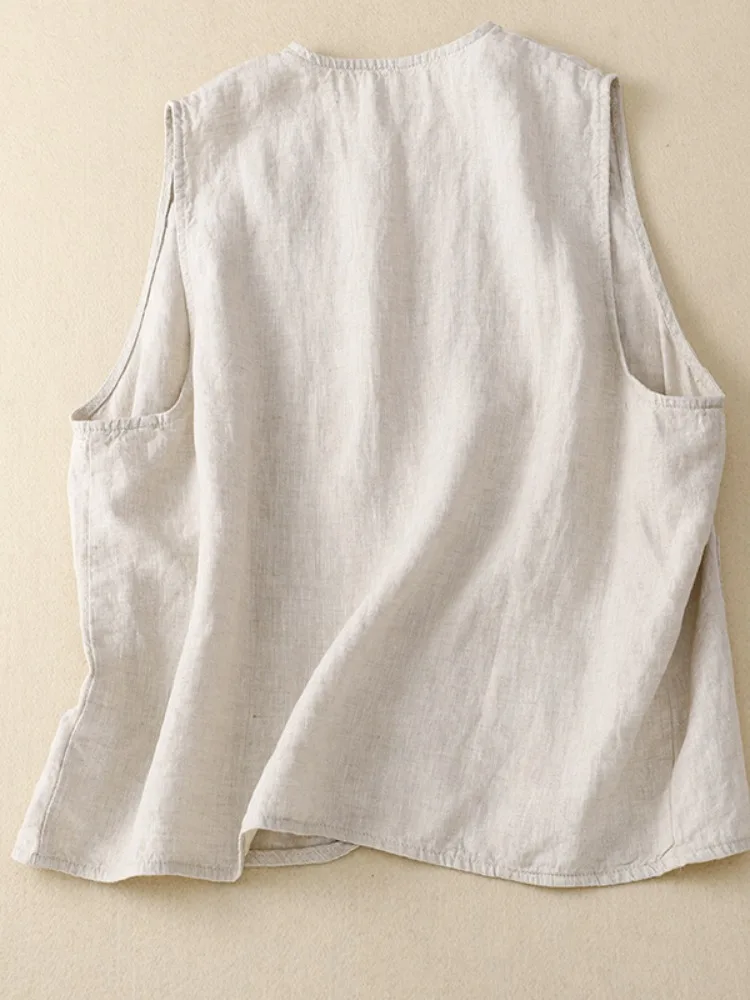 السيدات رقيقة الكتان Jaet فضفاضة عارضة Svel سترة الصيف ملابس خارجية لون نقي تنوعا زر حتى V-Ne مزيج القطن