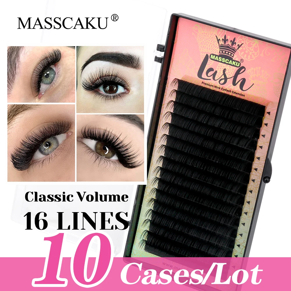 

MASSCAKU New Design 10cases/lot Handmade Cashmere Regular Lash 8-16mm and Mix Size Ribbon Faux Mink Classic Volume Lashes Trays