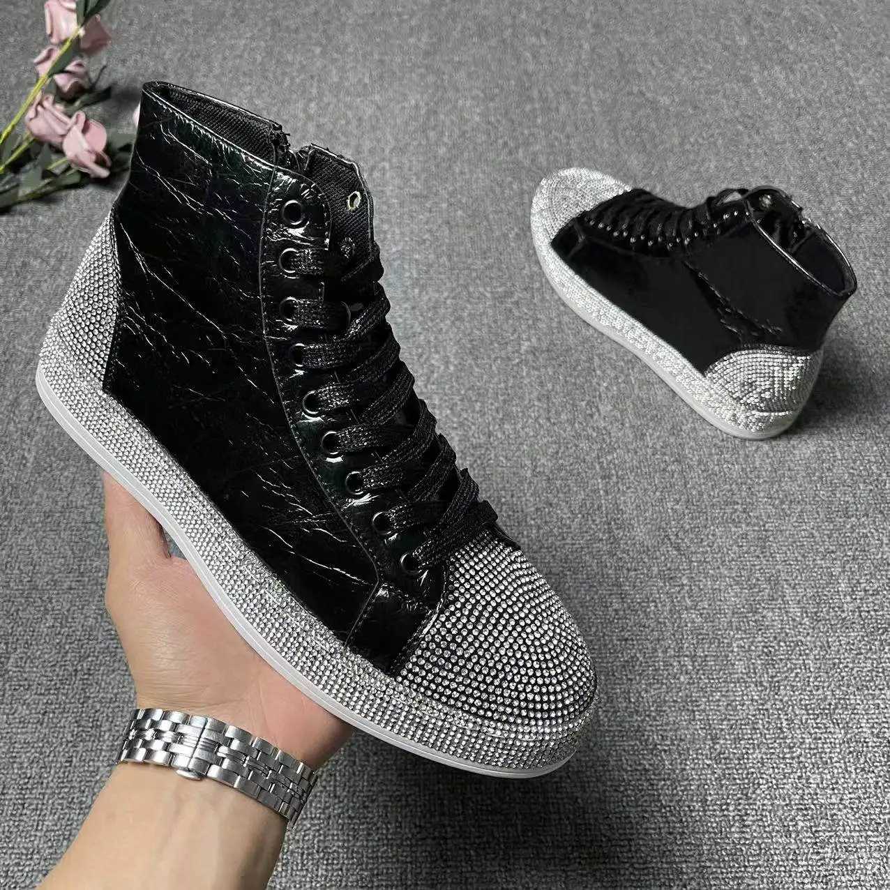 Patchwork Round Head Crystal Sneakers Male Cover Heel Men Casual Shoes Fall Zipper Flats Fashion Slip on Dress Shoes