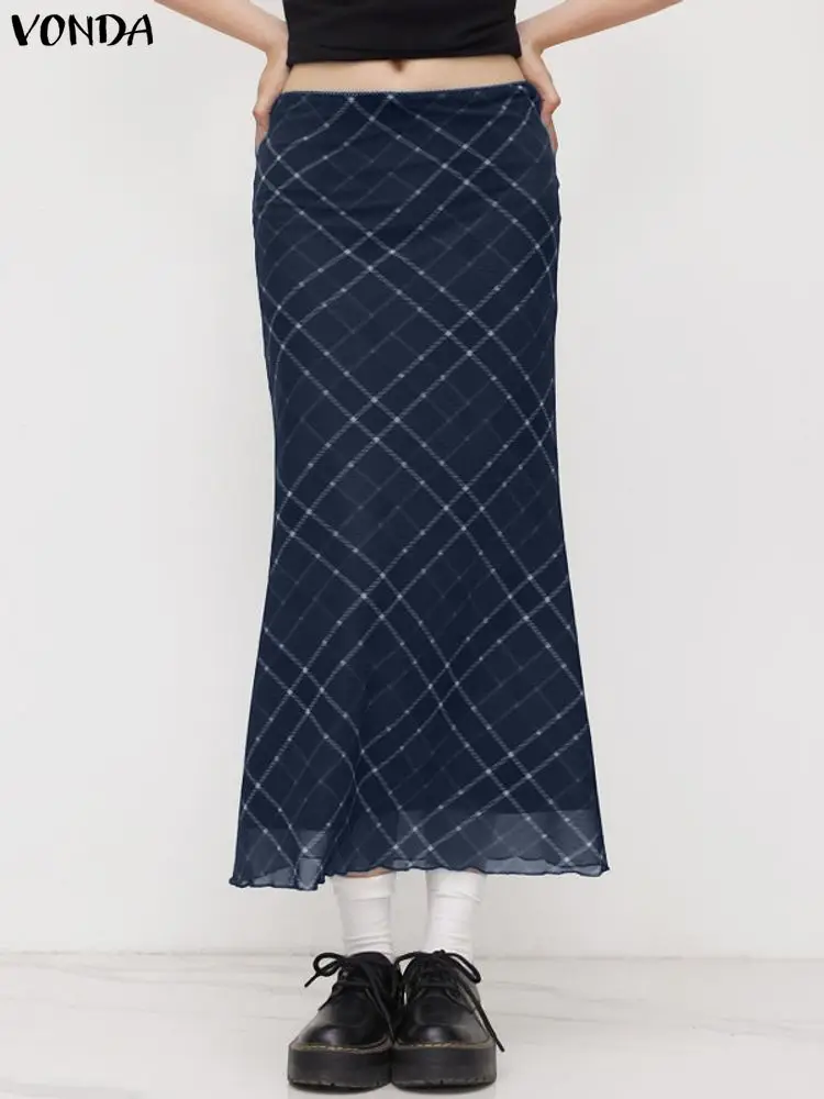 

VONDA Vintage Women Long Skirts High Waist Casual Plaid Printing Jupes Fashion Autumn Maxi Faldas Saia 2025 Korean Overskirts