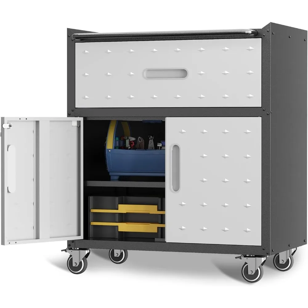 

Metal Tool Storage Cabinet with Lock, Rolling Tool Cabinets with 2 Doors and 1 Drawer for Garage, Tool Room, Warehouse