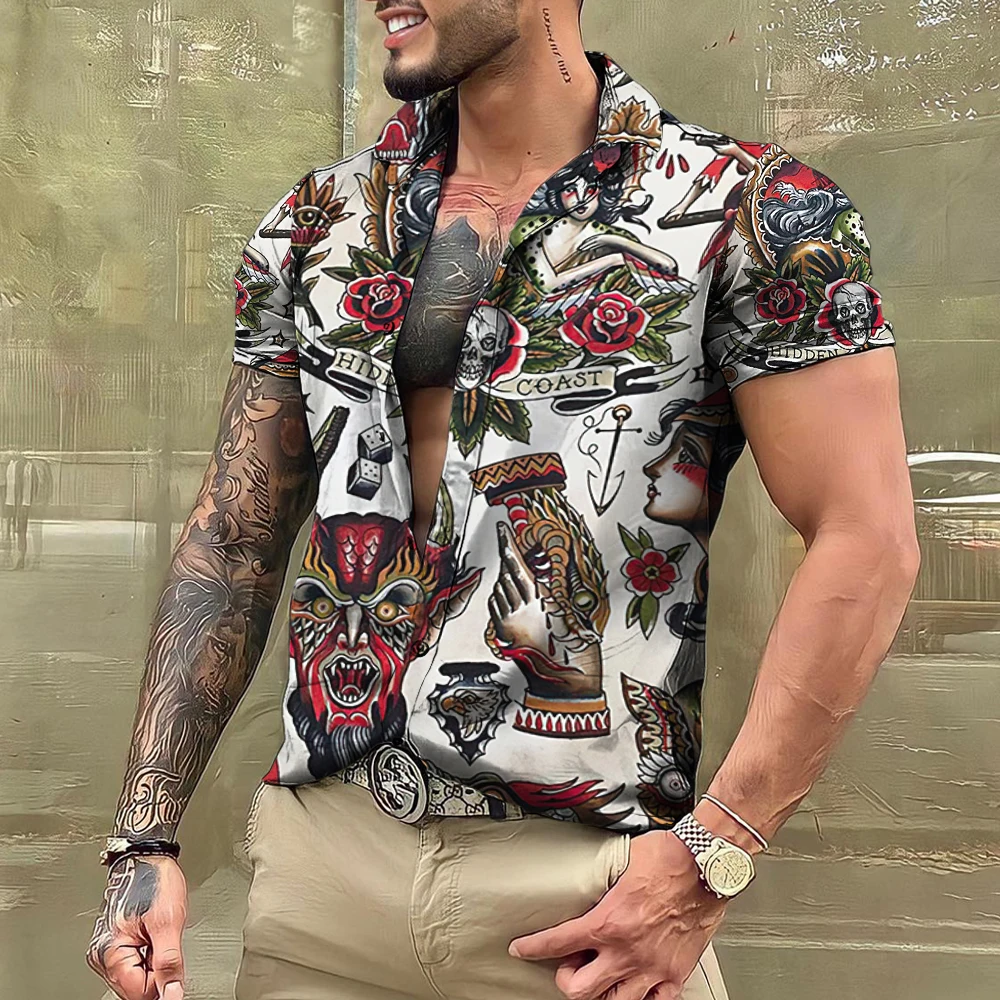 Summer Tattoo Shirt Hawaiian Shirts For Men Brand Short Sleeve Tops Tees Casual Men\'s Blouse Fashion Camisas De Hombre Clothing