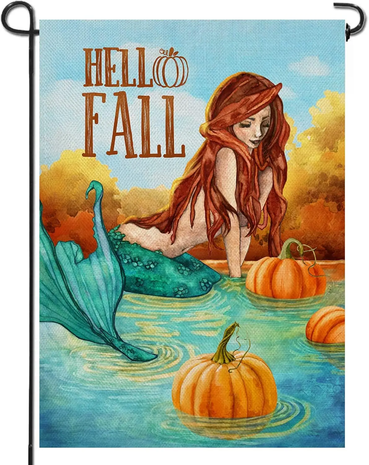 Artofy Hello Fall Lake Mermaid Home Decorative Garden Flag, Autumn Lakehouse Pumpkin Yard Lawn Outside Decor, Seasonal Outdo KZA