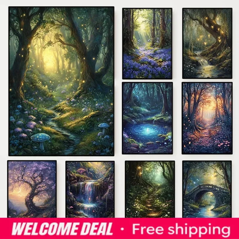 2026  Fairy Enchanted Mystical Woodland Poster Vintage Fantasy Whimsical Nature Forest Canvas Painting Wall Art Living Room H