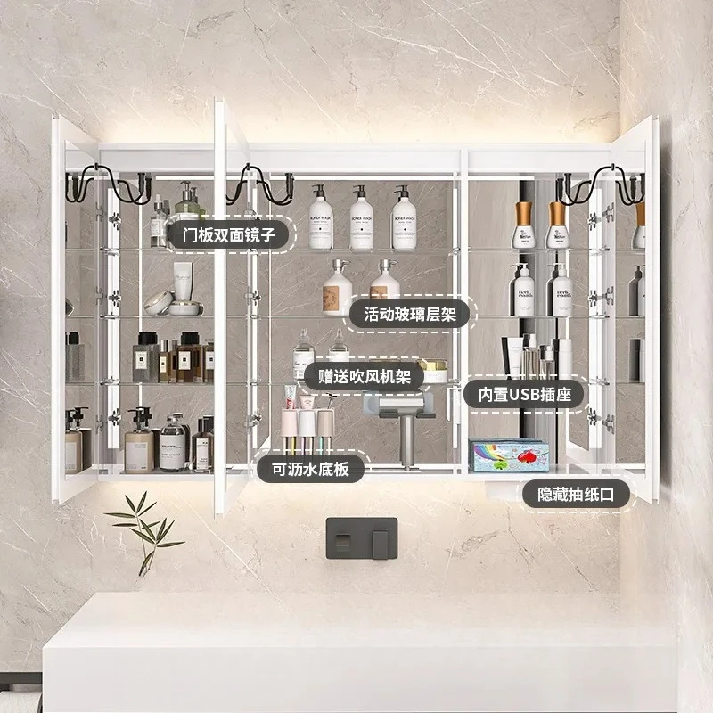 for Intelligent Space Aluminum Mirror Cabinet Alloy Double Sided Mirror Door Separate Bathroom with Lamp Storage Integrated