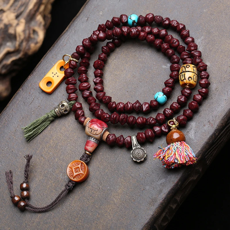 Tibetan-Style 108-Bead Bodhi Necklace With Semi-Blood Bone Three-Way Connector And Purple Gold Rat Accessory