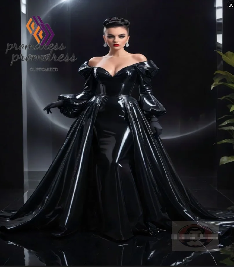 

Shiny Black Gothic Prom Dress With Overskirt Train Long Sleeve Victorian Medieval Costume Evening Dress Formal Party Customized