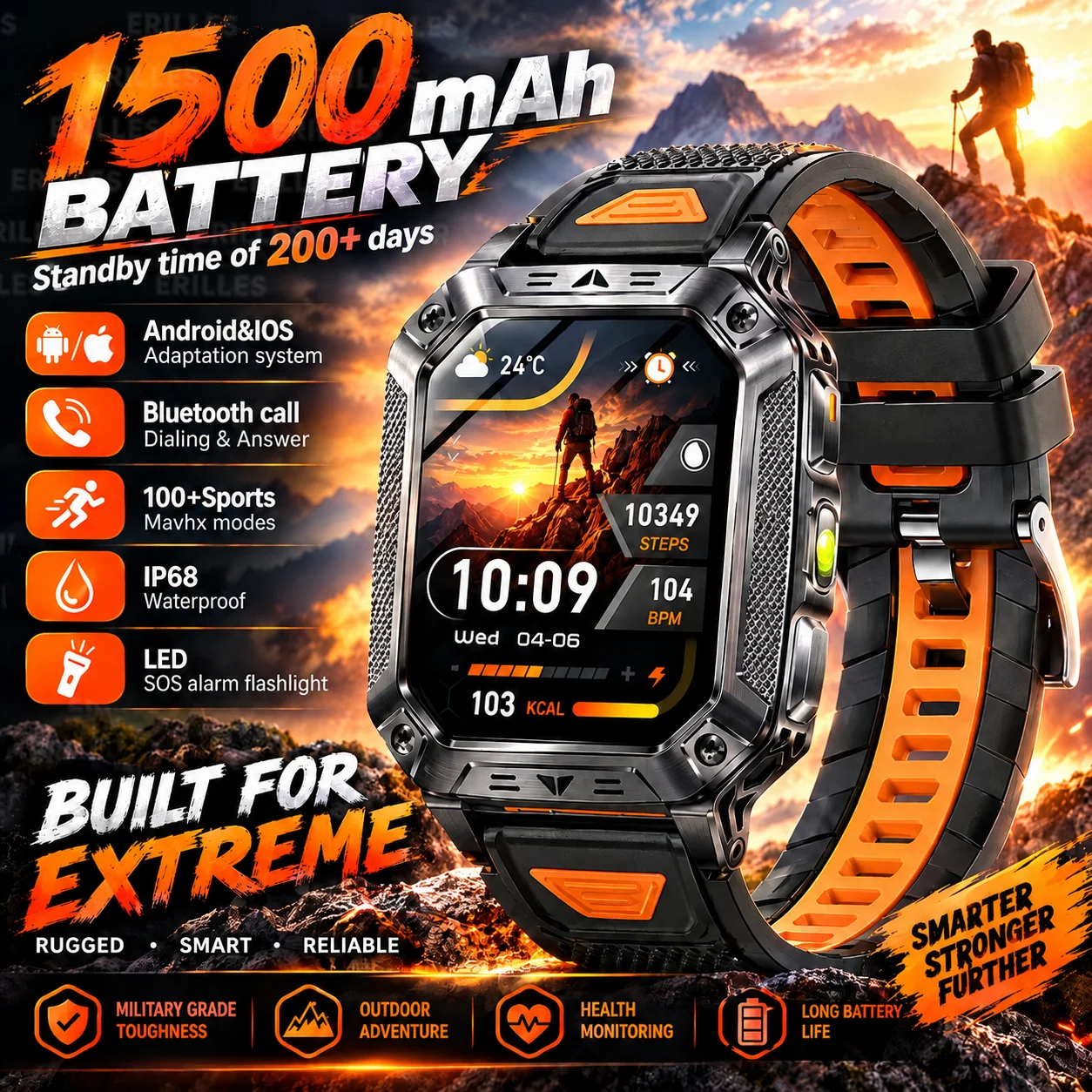 1500mAh Military Grade Smart Watch 100 Days Battery Life 10ATM Waterproof Bluetooth Call SOS Alert LED Flashlight Sports Watche