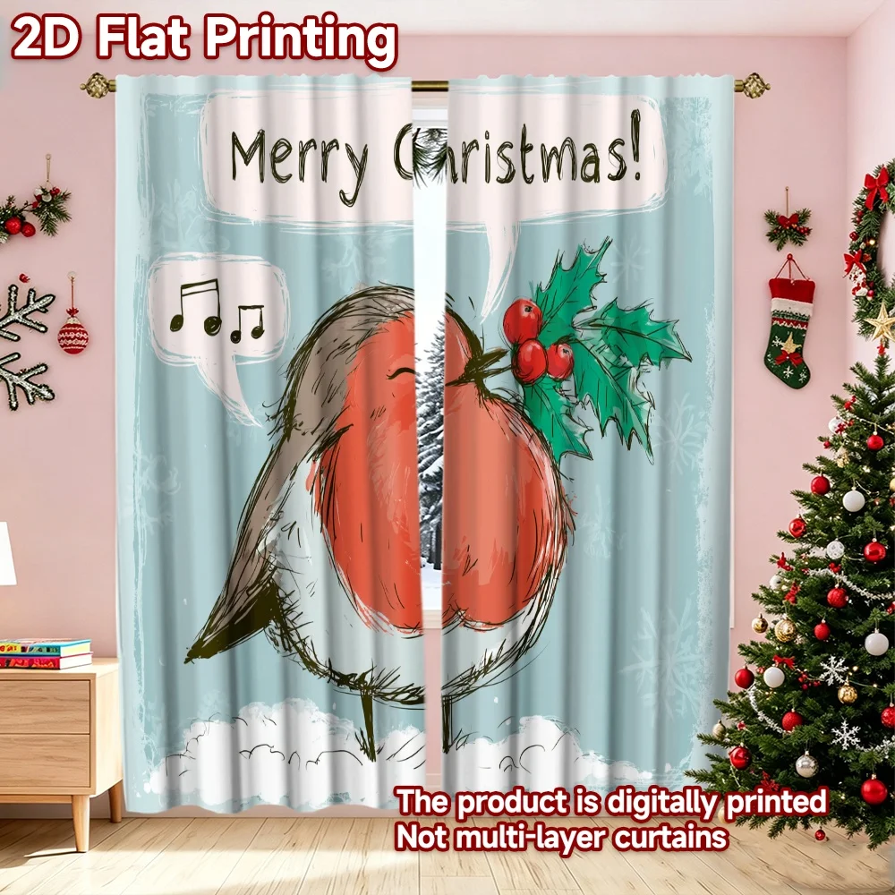 2D flat printing 2pcs Classic Hot Christmas Curtains Christmas Robin with Holly Digitally printed polyester, colorfast Festive