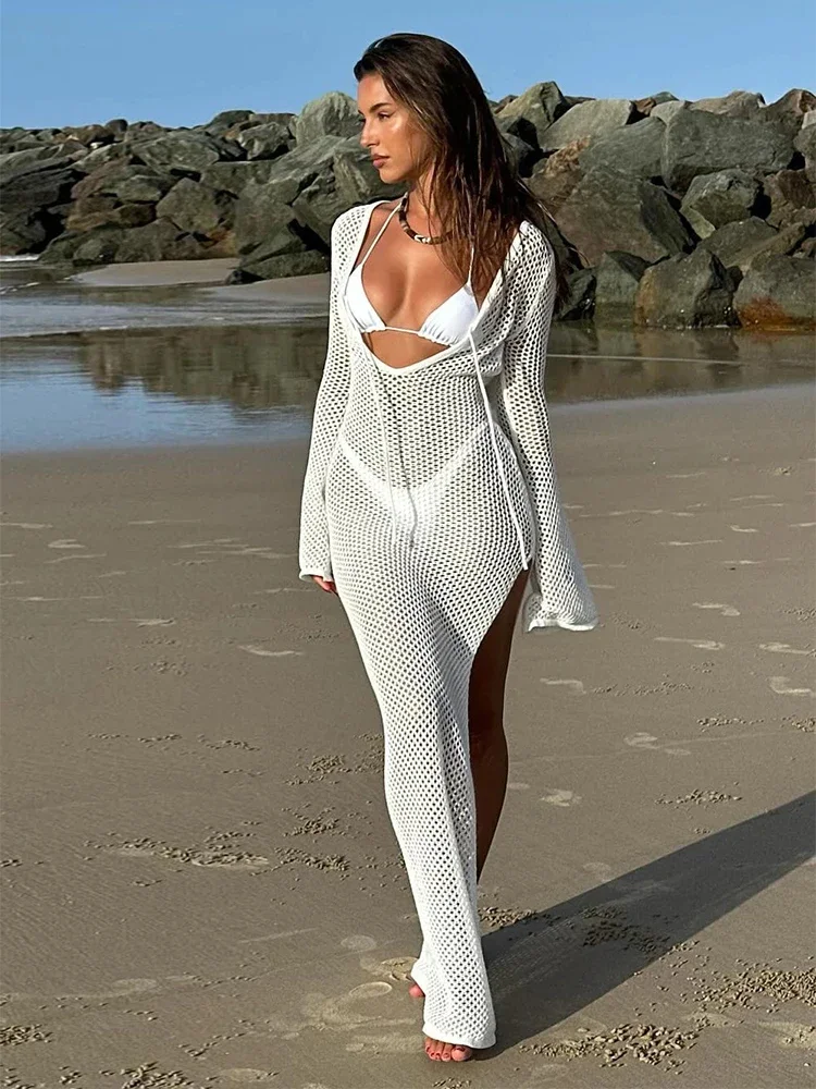 

2024 Summer Beach Cover Up Sexy Big U-neck Lace-up Knit Hollow Out Side Split See-through Seaside Holiday Women Long Dress A2886