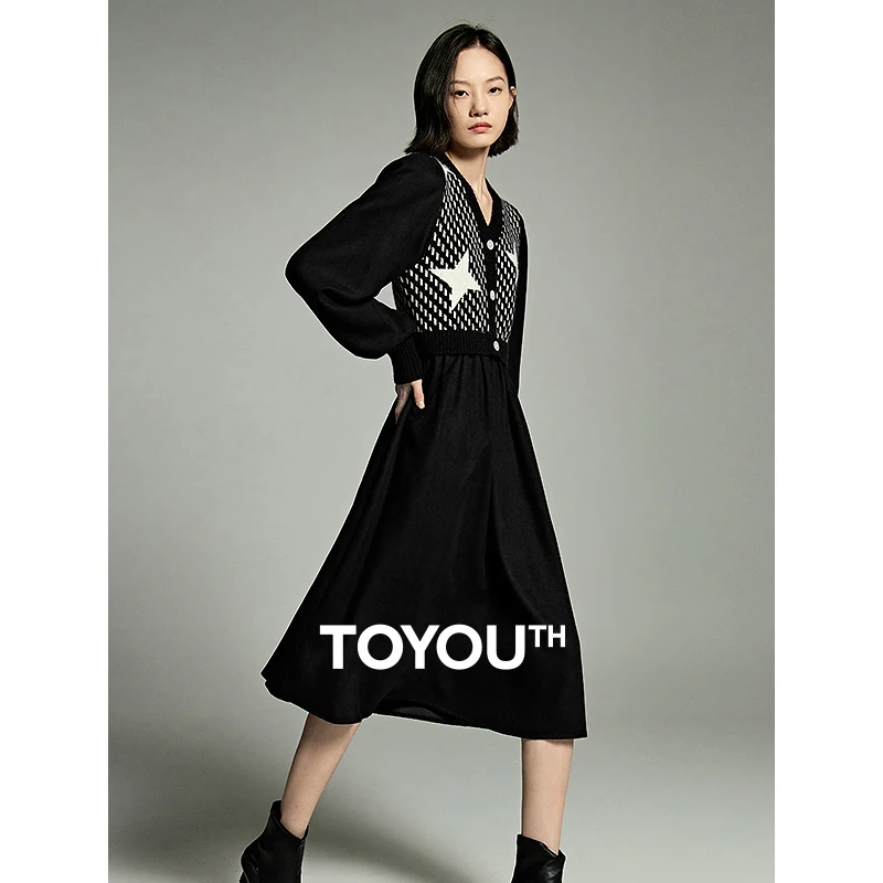 Toyouth Women Jersey Dress 2023 Winter Long Sleeve V Neck A-shaped Slim Waist Star Jacquard Retro Fashion Black Long Skirt