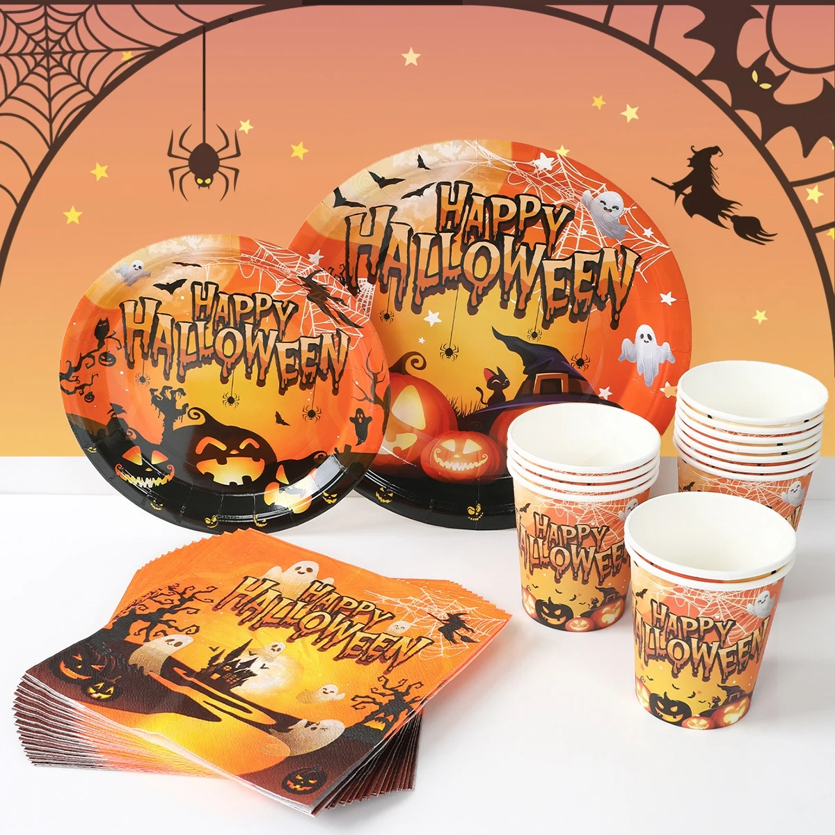 Halloween Party Disposable Tableware Paper Plates Cups Napkins Tablecloth Pumpkin Lamp Dining Plate Treat or Trick Party Decor