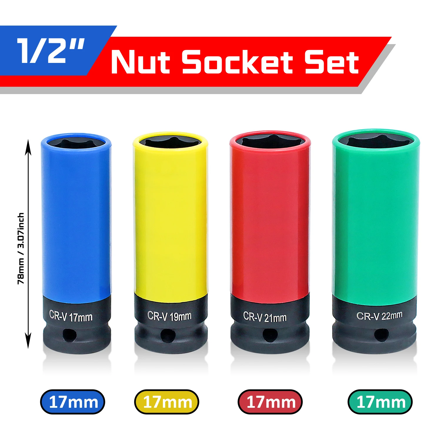 1/2 Inch Drive Wheel Protector Impact Socket, Thin Wall Deep Impact Socket Set Plastic Sleeve Lug Nut 17mm, 19mm, 21mm, 22mm