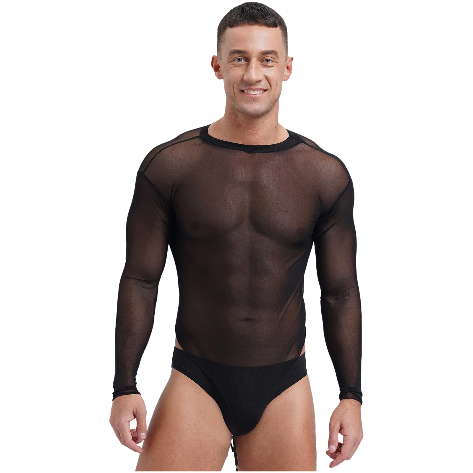 

Men Sexy See through Sheer High Cut Bodysuit Lingerie Pole Dance Clubwear Long Sleeve Crew Neck Lace-up Crotch Leotard Jumpsuit