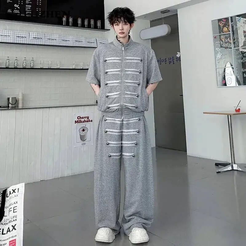 

LUZHEN 2026 New Buttoned Decorate Patchwork Design Two-piece Sets Men's Fashion Loose Straight Casual Pants Zipper Shirts JY6936