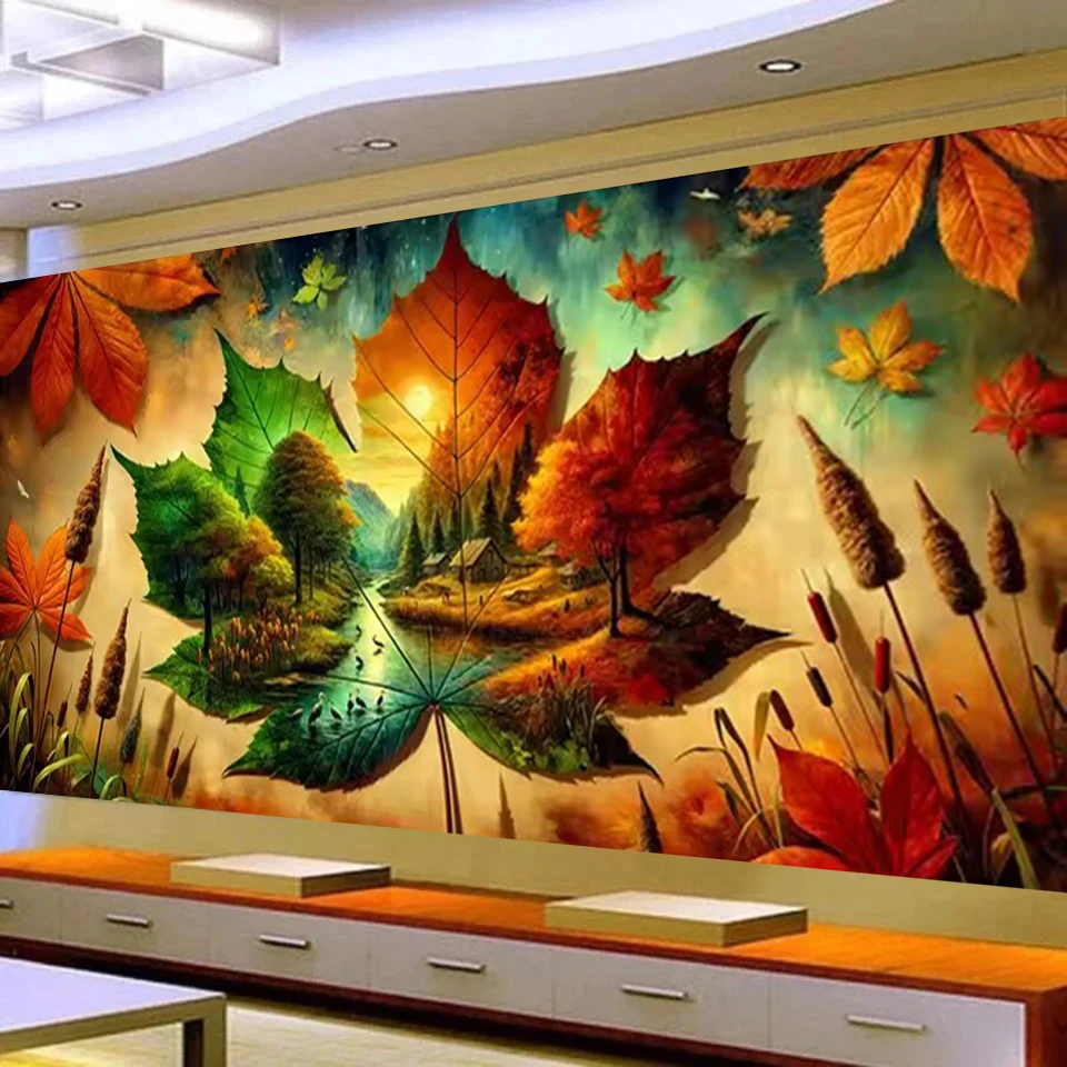 5D Large DIY Diamond Painting Fantastic Maple Leaves Autumn Seasons Landscape Full Square Round Diamond Mosaic Embroidery