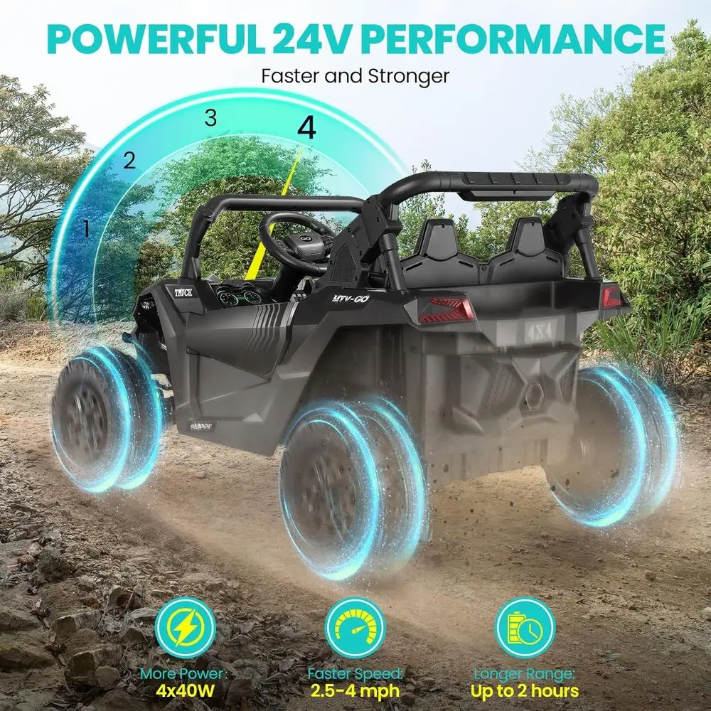 Giocattoli da 24 Volt per bambini grandi a 2 posti, bambini 4WD UTV, auto da giro per ragazzi e ragazze con telecomando per genitori, assorbimento degli urti, nero