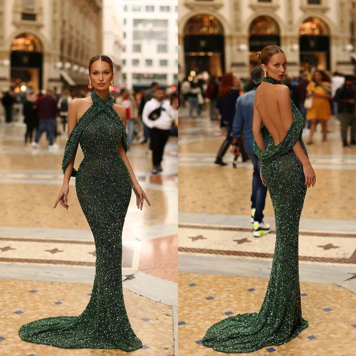 Sexy Backless Formal Evening Dresses Designer Halter Elegantly Shinning Chiffon Court Floor-Length Mermaid Dress Custom Made