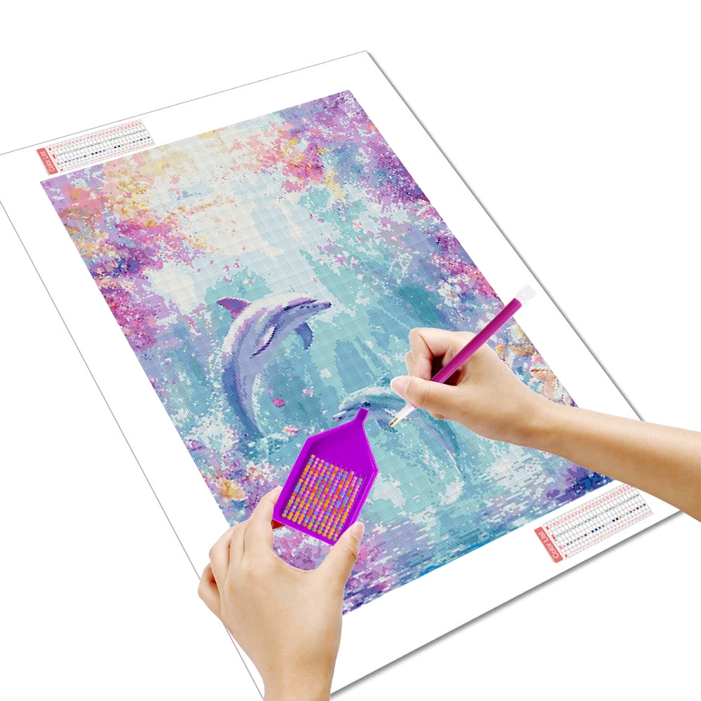 ◎ dolphin...hana。豚さん　サイズＦ　総柄で超可愛い。 Huacan Full Square Round Diamond Painting Dolphins Flower Diamond
