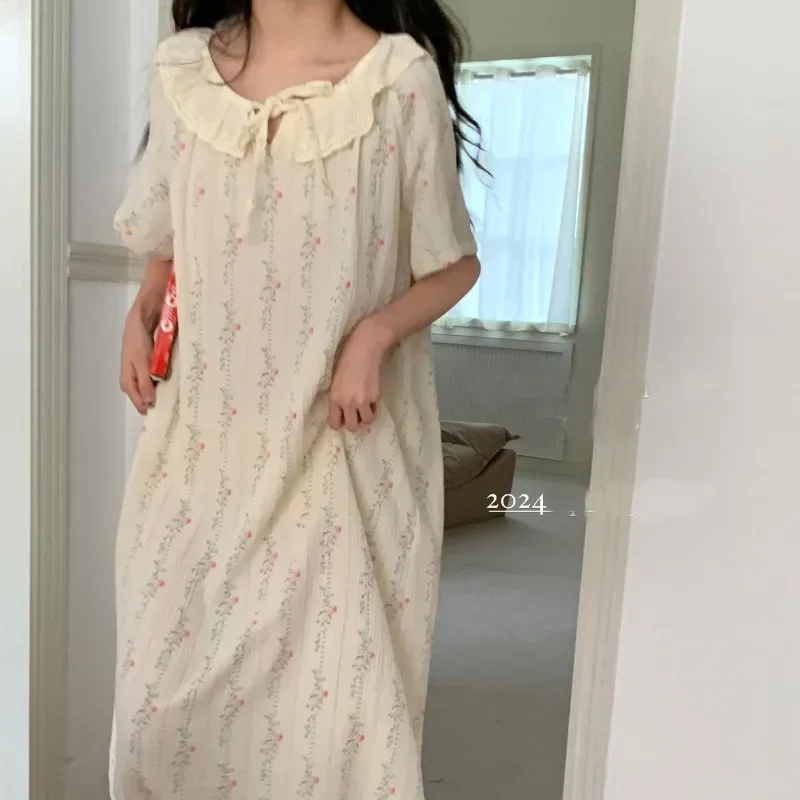 Floral Nightgown Sleepwear Women Korean Lace Summer One Piece Pajamas Dress Sleeping Short Sleeve Night Tie Home Wear 2024 New