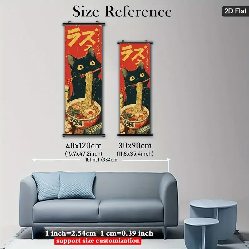 VIKAMA Retro Japanese Black Cat Ramen Wall Scroll Tapestry Funny Neko Chopsticks Noodle Red Poster Hanging Scroll Kitchen Decor