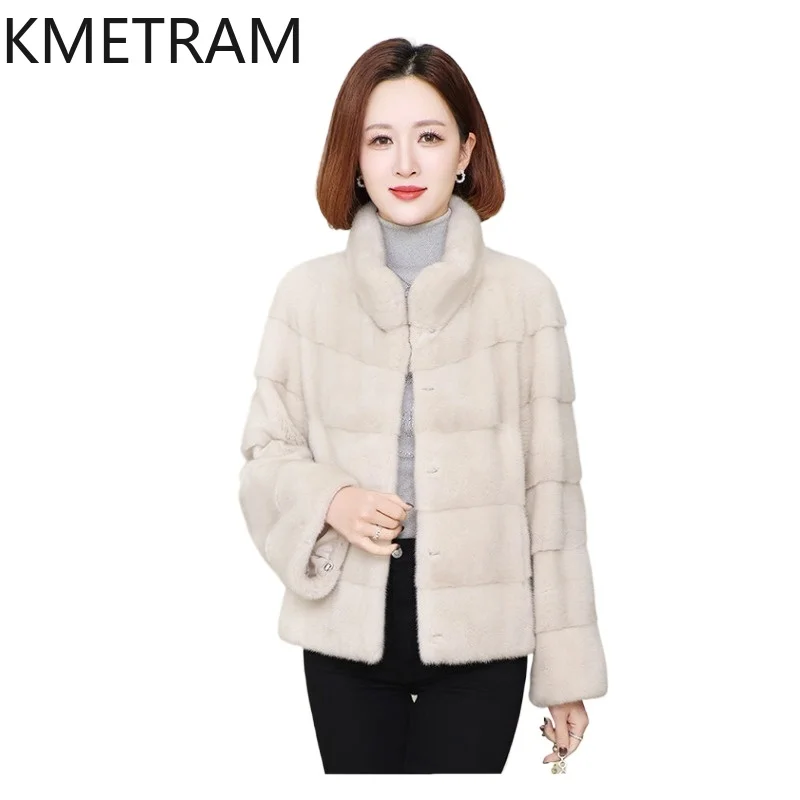 KMETRA 100% Real Whole Mink Fur Jacket Women Short Horizontal Coats Stand Collar Winter Fur Coat Woman Clothing 60cm 2026 пальто