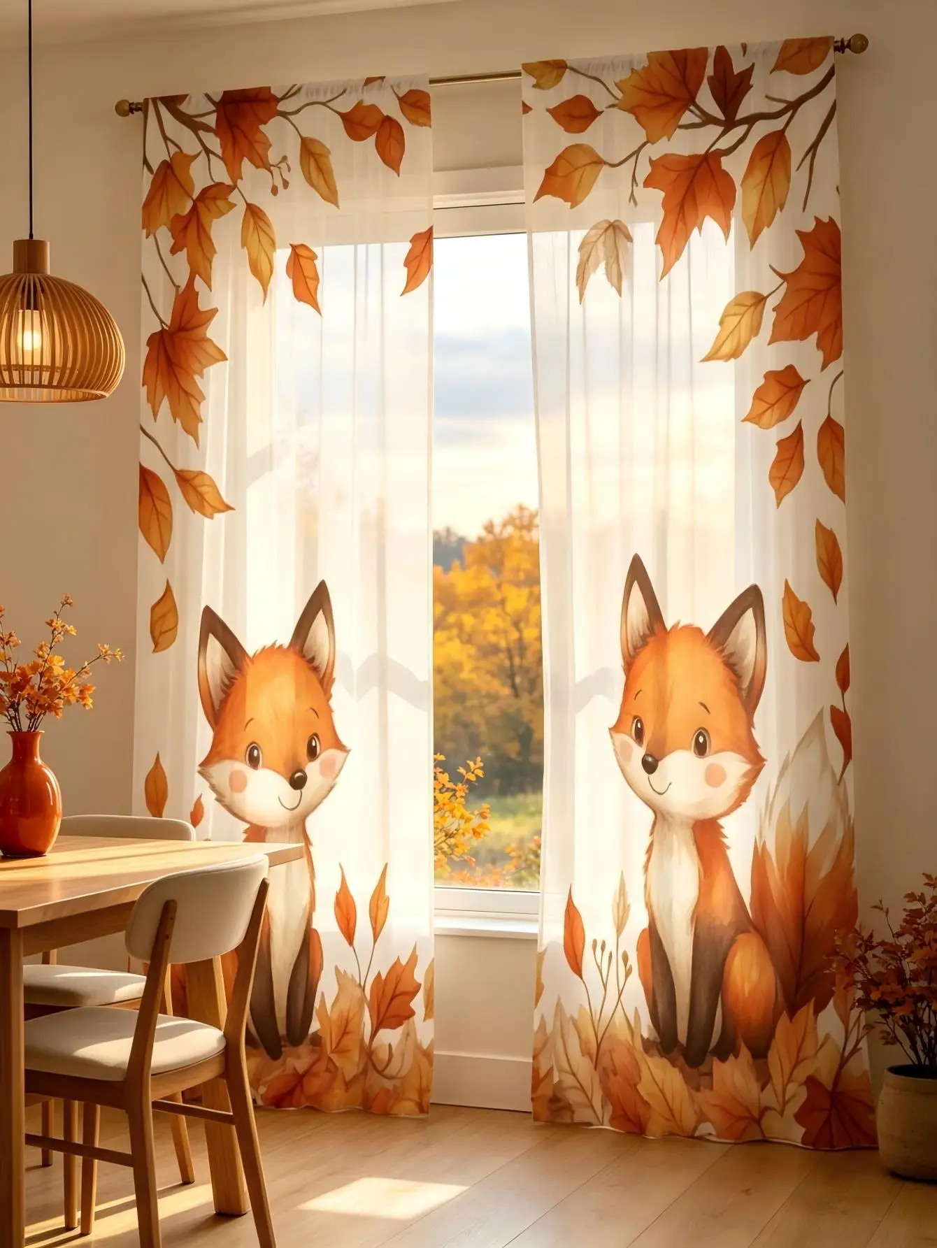 2PCS Digital Print Sheer Curtain, Maple Leaf Fox Animal Fall Autumn Forest Window Drapes for Living Room Bedroom Home Decor