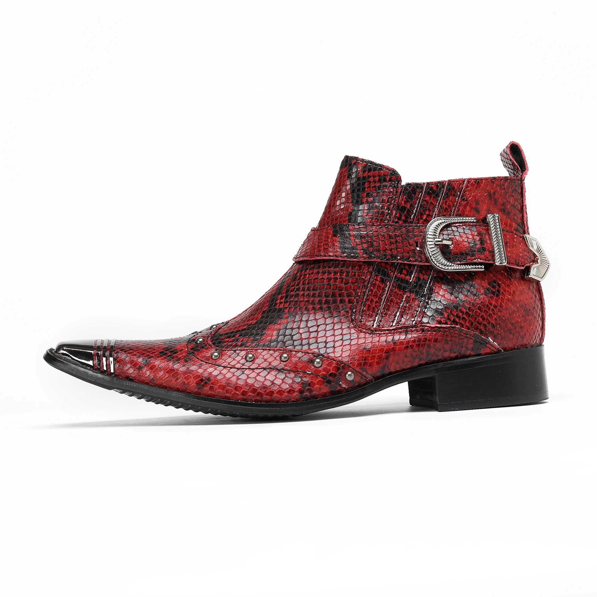 Glänzende, kurze Herrenstiefel mit Schlangenmuster, dekoriert mit Metallnieten und Schnallen, trendiges, personalisiertes Street-Style-Schuhwerk für Club, Bar und Party – Detail 23
