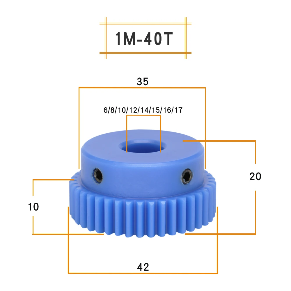 Plastic Gear 1M-40T Teeth Pitch 3.14mm Teeth Height 10mm Nylon gear Transmission Parts Bore  6/8/10/12/14/15/16/17mm 40 Teeth