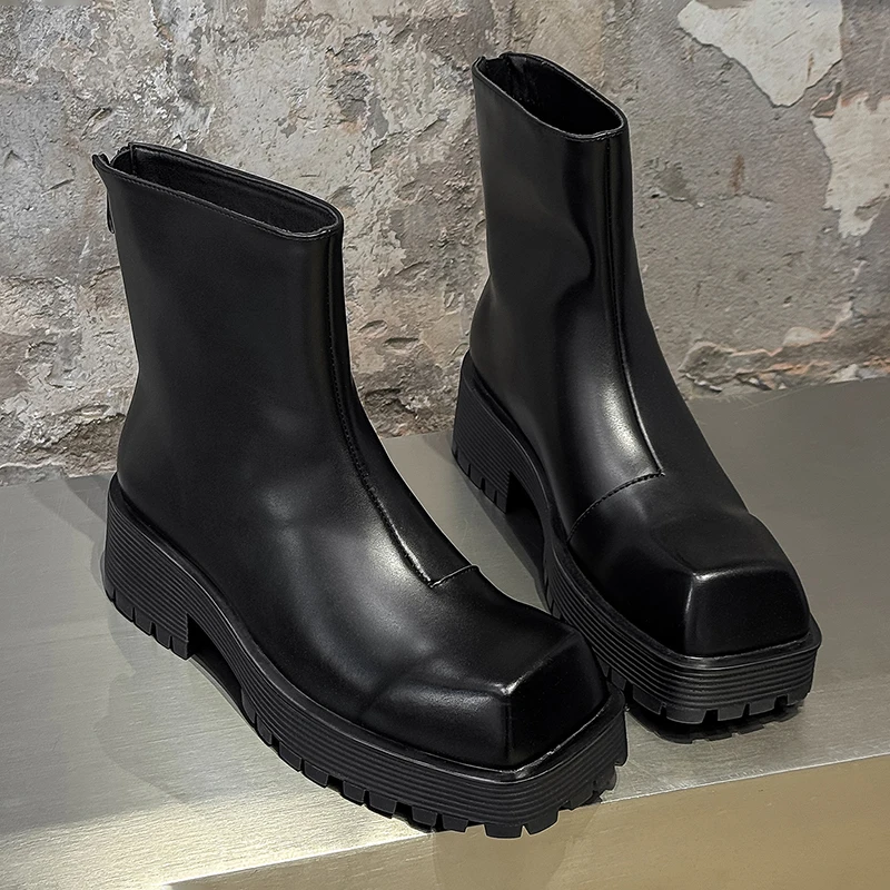 Small Niche Thick Soled Men Square Toe Motorcycle Boots Height Increasing Anti Slip European  American Style Youth Fashion Boots