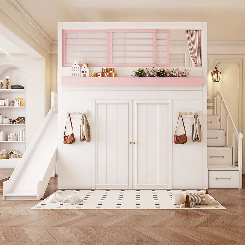 Loft High Bed With Desk Underneath Bookcase Wardrobe Combo For Small Space Kids Adult Bunk Beds Elevated Second Floor Sleeping