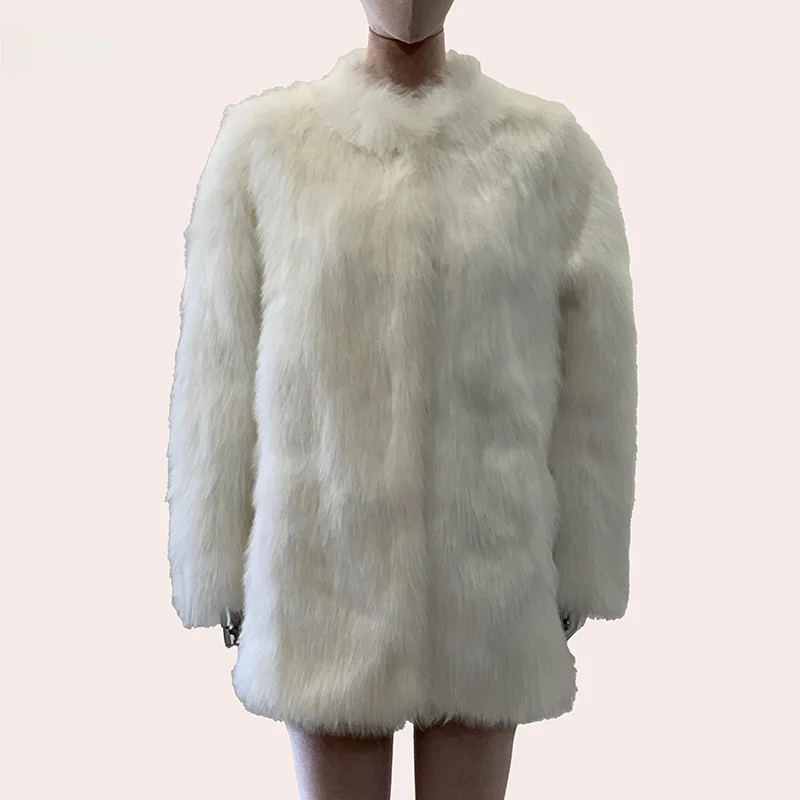 

Nerazzurri White Fur Coat Women's Stand Collar Long Sleeve Winter Fluffy Fur Jacket Simulation Fur Outerwear Coat