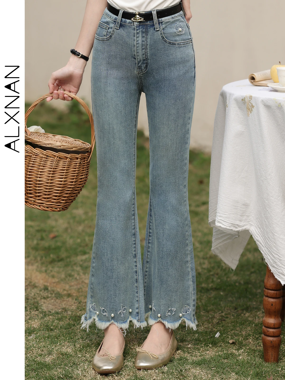 

ALXNAN Flared Jeans for Women Embroidery Beaded Raw Hem Jeans 2026 Elegant Cotton Light Blue Vintage Skinny Pants Female L53508