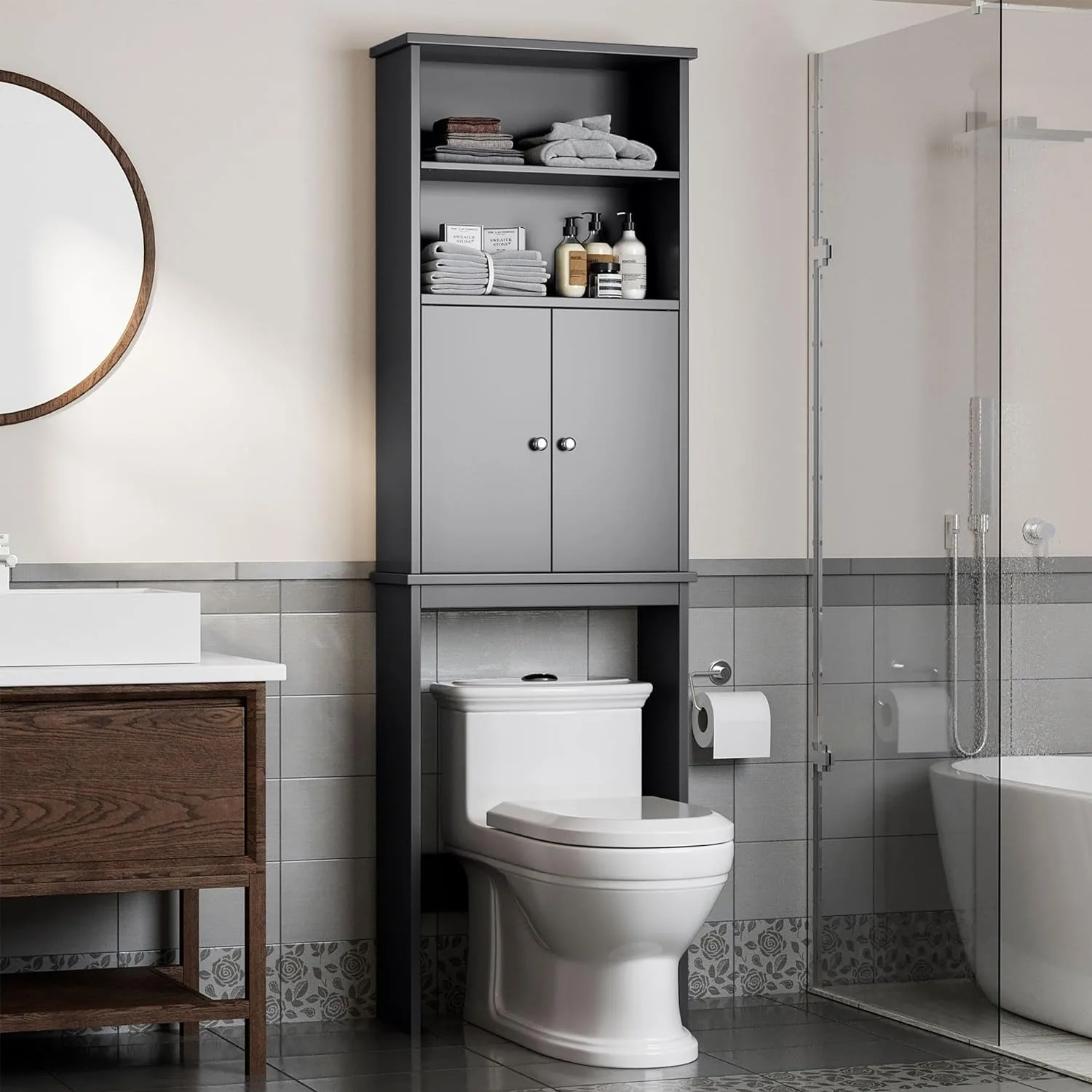 Over The Toilet Storage Cabinet, Adjustable Shelf Organizer w/ Open Bottom Bar & Anti-Tip Device, Gray 2 Open Shelves