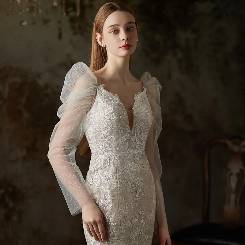 Aksesori gaun pengantin fotografi pengantin krem sifon transparan panjang perak cerah tabir surya yang mulia dan elegan